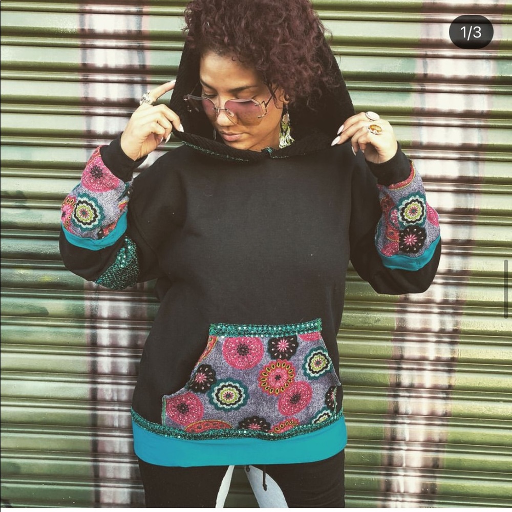 Handmade psychedelic sequences festival hoodie.